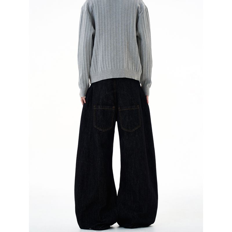 Kisko American Retro Denim Black Wide-Leg Washed Jeans Unisex Trendy Loose Versatile Scimitar Pants