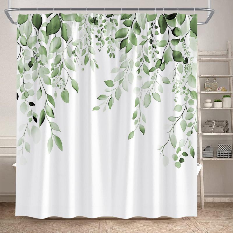Blue Floral Leaves Shower Curtains Watercolour Eucalyptus Leaf Botanical Bath Curtain Polyester Home Bathroom Decor With Hooks