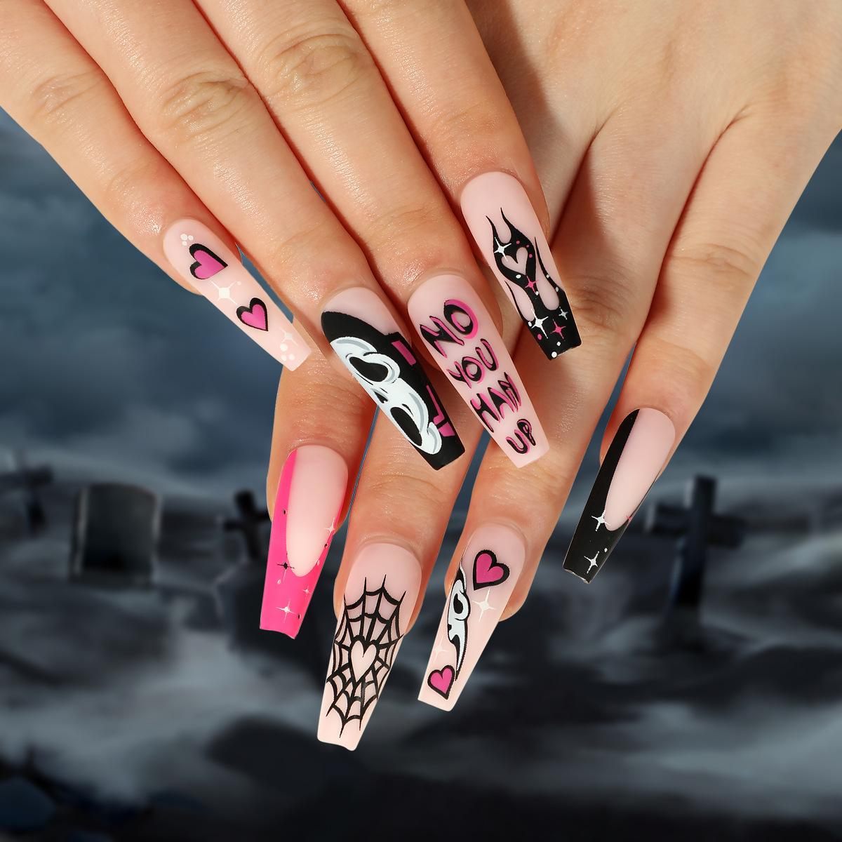 Halloween Spider Web & Ghost Wearable French Heart Flame Ballet False Nail Tips Glue Kit