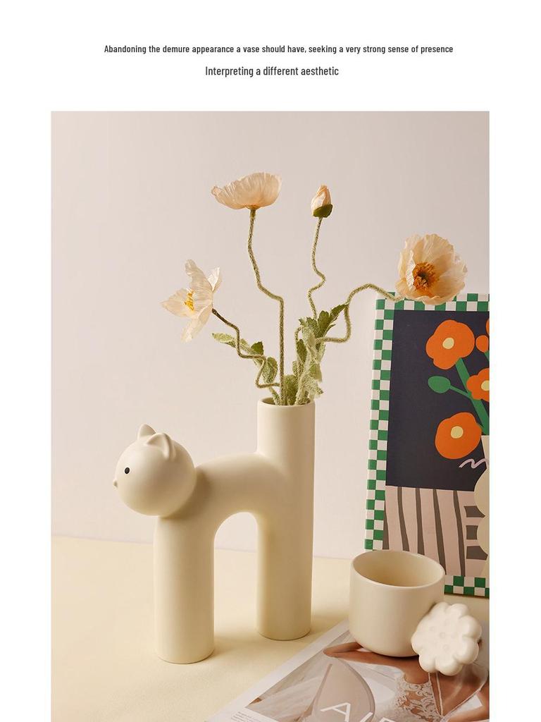 Nordic Cat Flower Vase Ornament - Cute Cream Style Decoration for Floral Arrangements