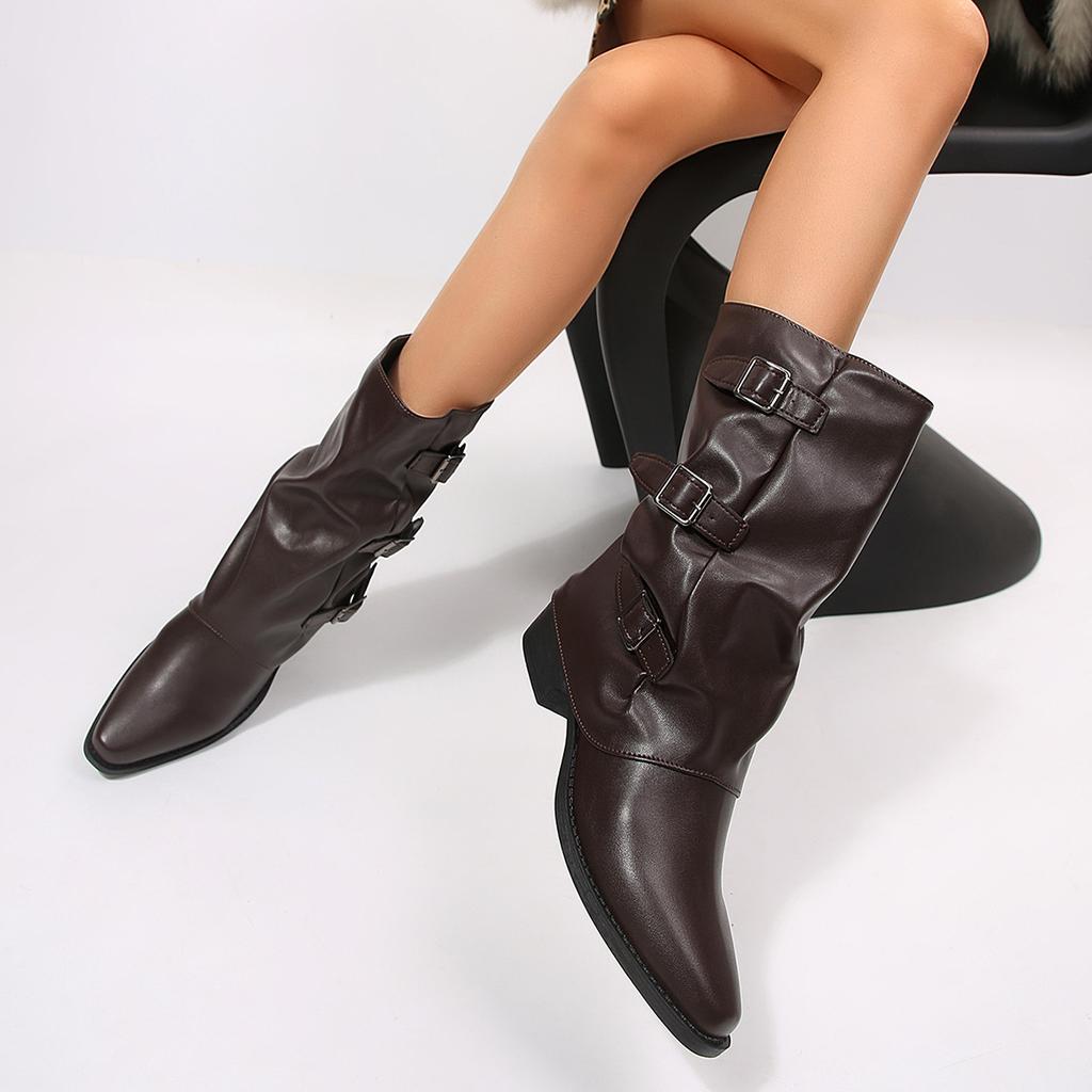 Women's shoes medium leather boots women's autumn and winter PU belt buckle thick heel short boots Maillard retro autumn and winter knight boots