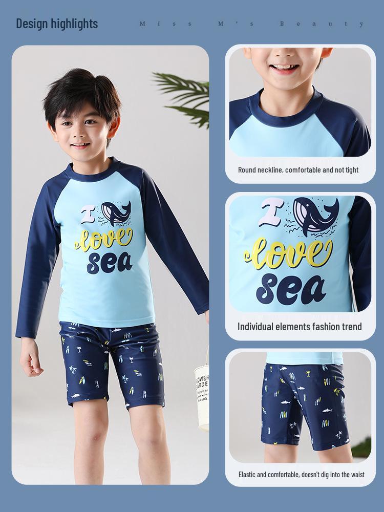 2025 Boys' Long Sleeve Split Swimsuit Set with Sunscreen Protection for Kids