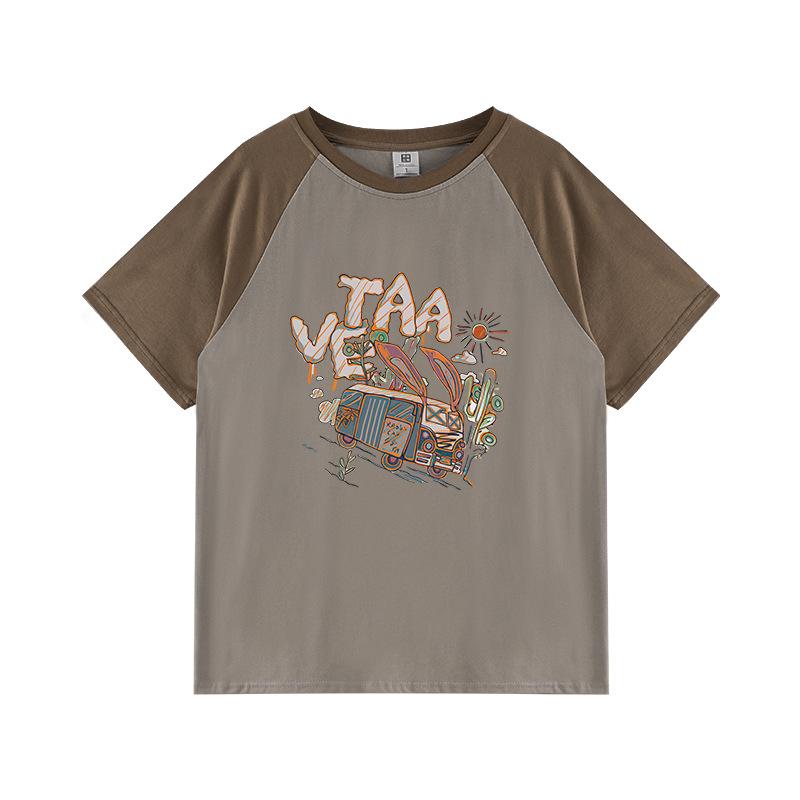 Ladies Summer Short Sleeve Round Collar Color Block Cartoon Printed Loose Pullover Casual T Shirt Top