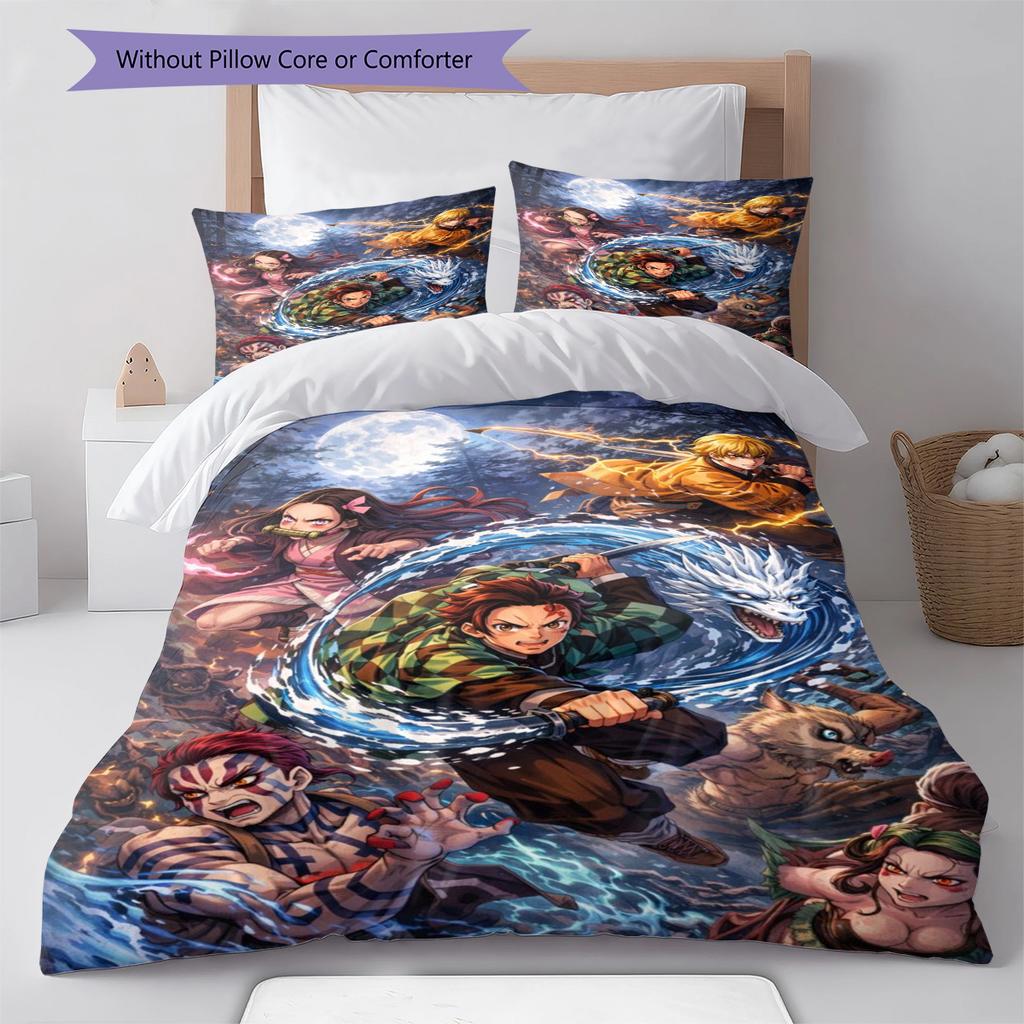 Demon Slayer Pattern Bedding Quilt Set Quilt Cover Pillowcase Home Decoration Gift (1 * Duvet Cover + 2 * Pillowcase, Without Core)
