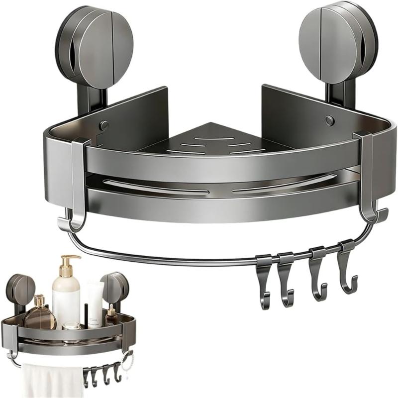 Platzsparende Aluminium-Badezimmer-Organizer mit verstellbaren Haken und Trockenständer, Saugmontage für feuchte Umgebungen