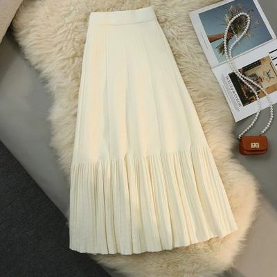 Pleated A-Line Women's Autumn Winter High Waist Slim-Fitting Knitted Midi Skirt Loose Flared Skirt