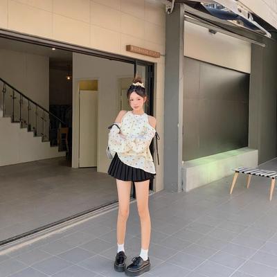 Süßes und Mädchenhaftes Off-Shoulder Neckholder Top Koreanischer Stil Sommer Locker Schleife Bedruckt Langärmeliges Kurzes Hemd