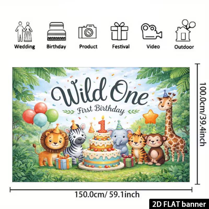 2D Jungle Wild One 1st Birthday Backdrop - Lion Tiger & Elephant Banner for Baby First Birthday Photoshoot