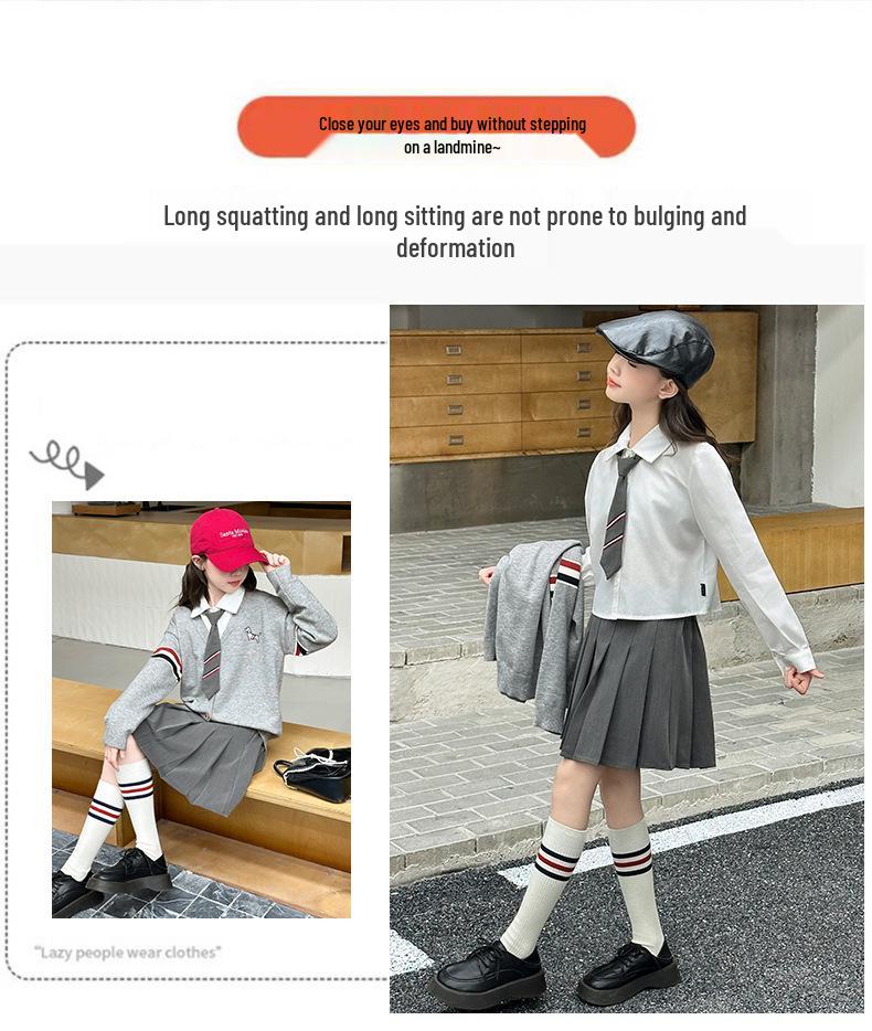 Girls' Autumn Preppy JK Shirt, Pleated Skirt, and Cardigan Set