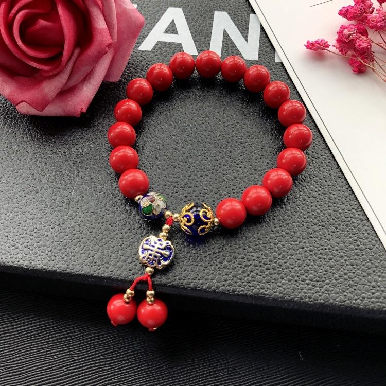 Retro red cinnabar cloisonne bracelet fashionable versatile literary and ethnic style fringed bracelet safe natal year accessories