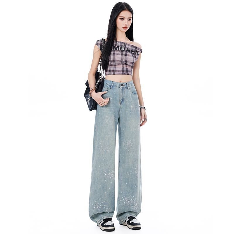 Spring Summer Full Star Rhinestone High Waist Narrow Straight Wide Leg Denim Pants For Ladies Casual Pants Oversize Denim Trousers