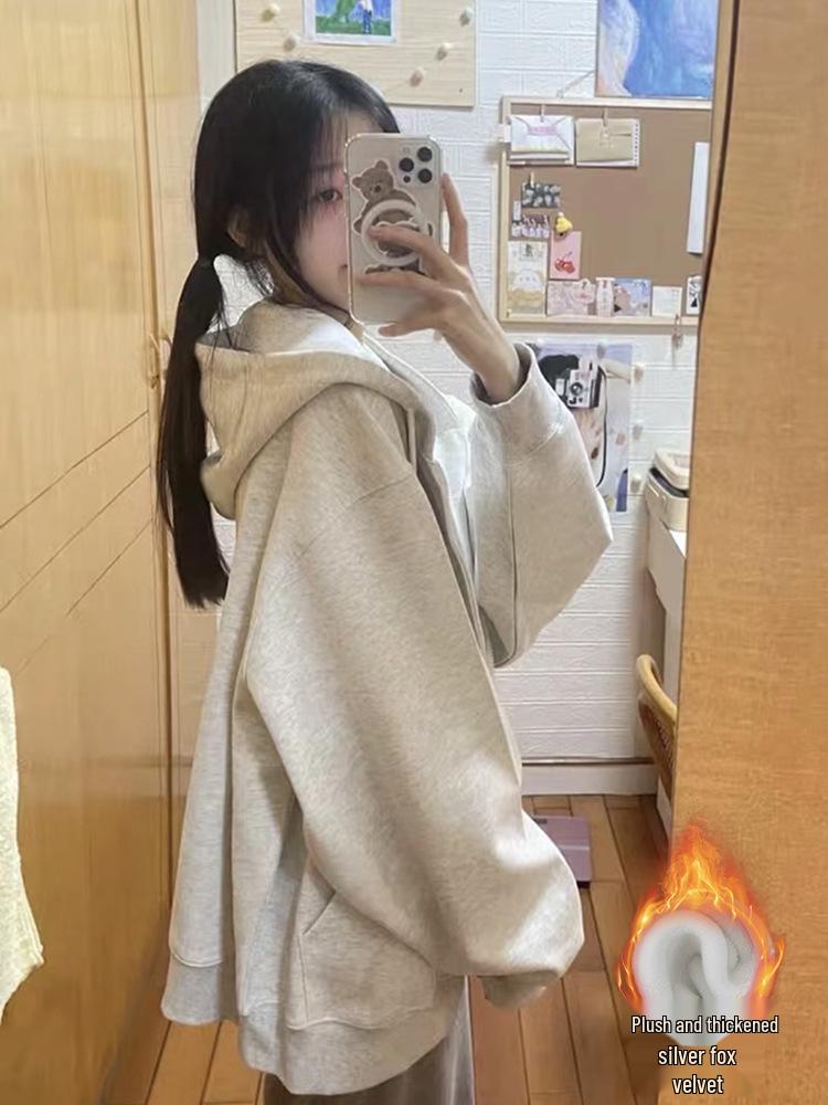 Women's Grey Hooded Fleece Sweatshirt - Slimming Thick Zip-Up Cardigan for Autumn/Winter 2025