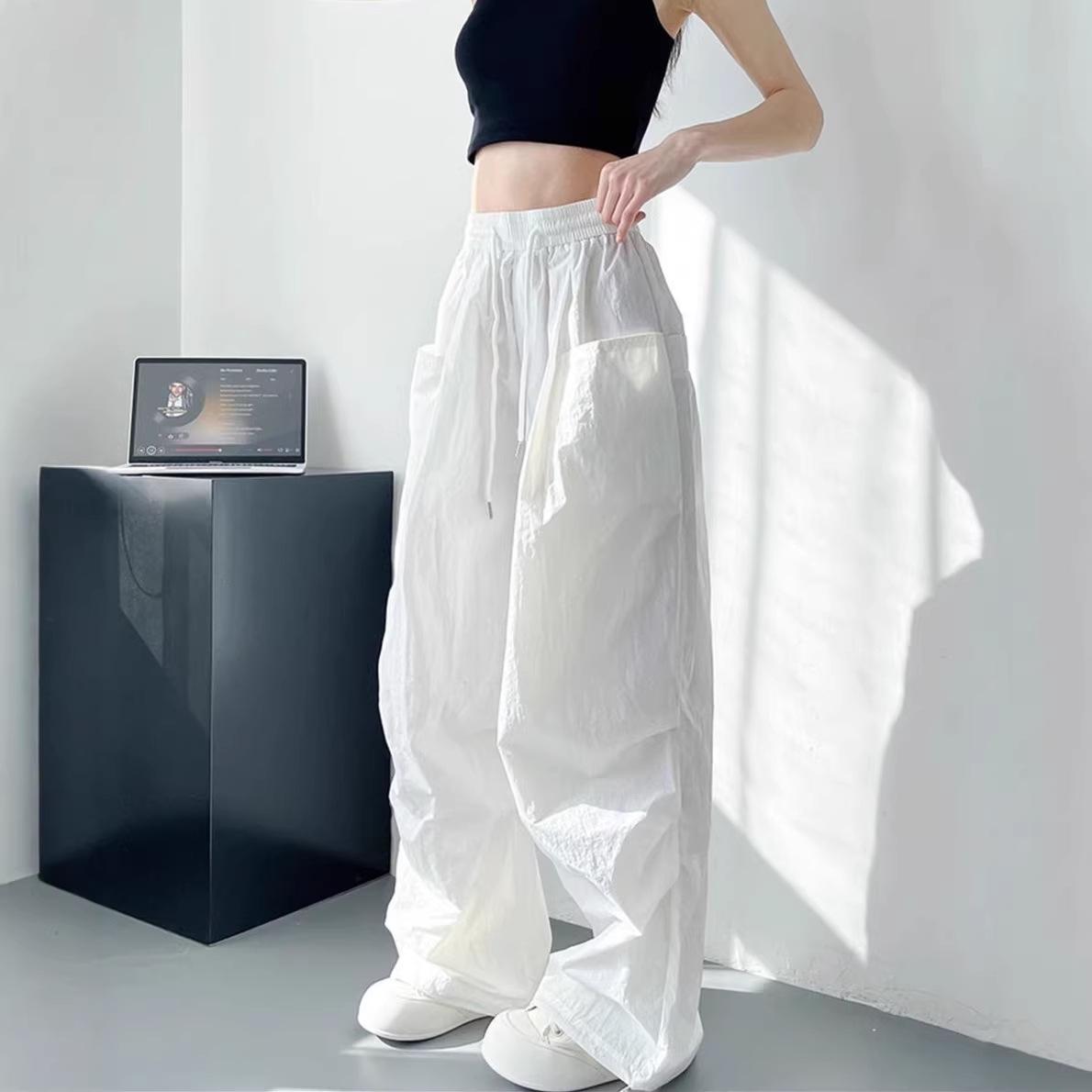 Women s High Waist White Paratrooper Cargo Pants - Summer Loose Drawstring Sport Casual. L белый