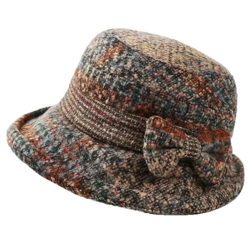 Thickened Bow Top Hat Windproof Cloche Hat Ladies Middle Aged Women Bucket Hat  Autumn