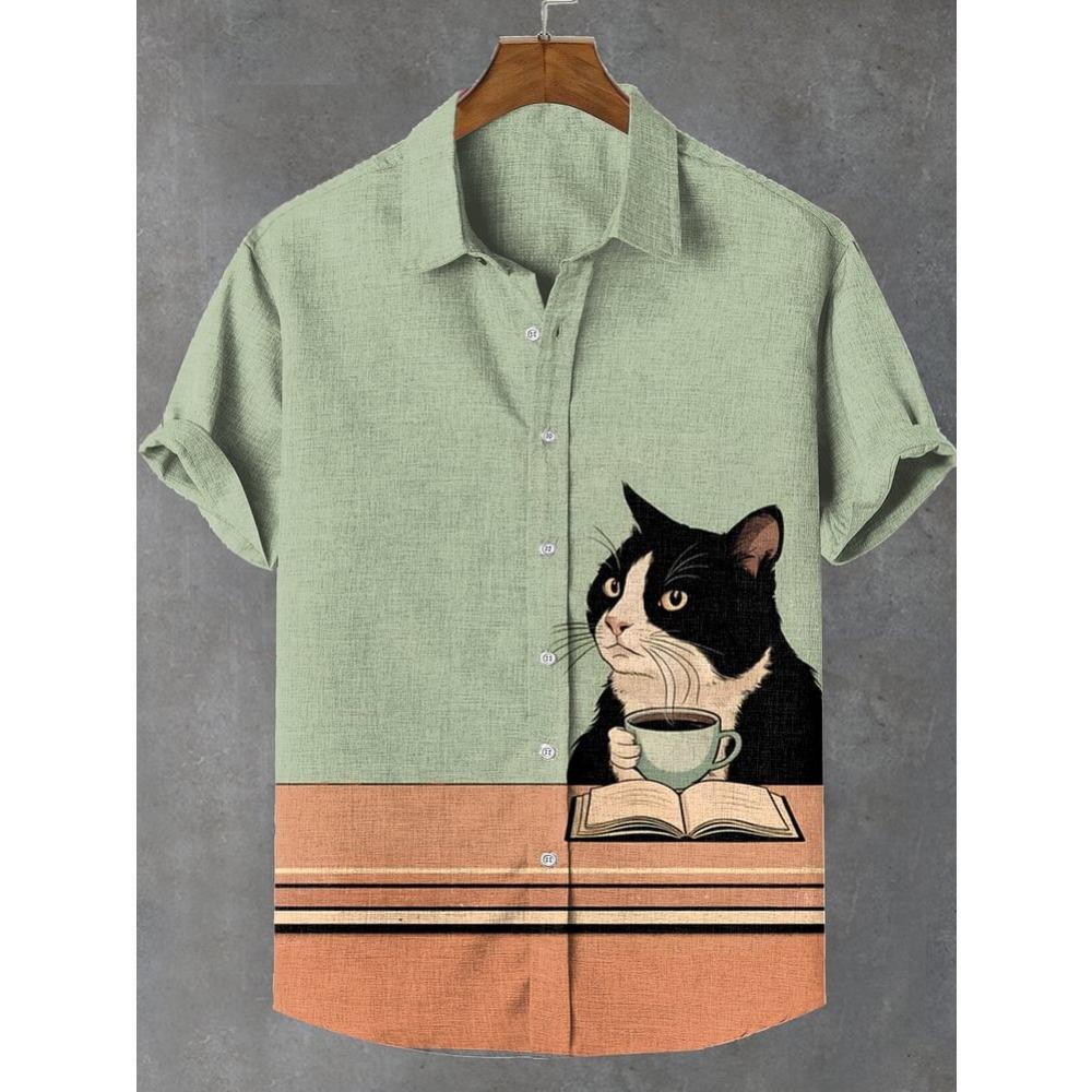Men's Sunflower Cat All Over Art Print Shirts 3D Anime Hawaiian Shirt Men Women Short Sleeve Lapel Blouse Oversized Y2k Top