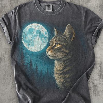 T-shirt Graphique Chat Vintage Années 90, T-shirt Amoureux des Chats, T-shirt Nature Lune Y2K, Coton Unisexe Nostalgique, Cadeaux Gag, Comfort Colors