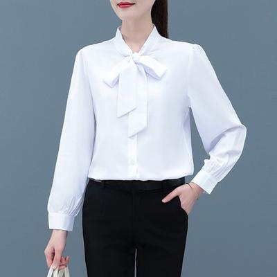 Women Office Shirt Stand Collar Long Sleeve Lace-Up Bow Women Blouse Solid Color Single-Breasted Shirt