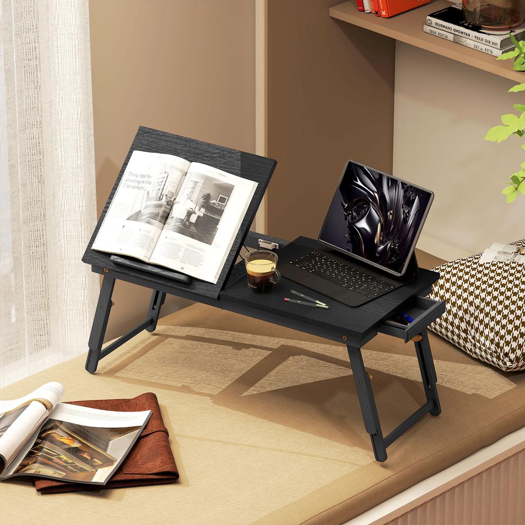 Foldable and adjustable bed table, bamboo laptop bed tray tilting top 83.5x33x34cm black
