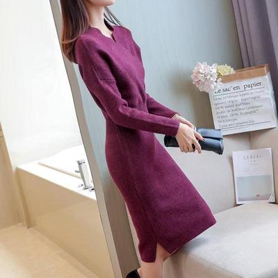 Neue Damenbekleidung im koreanischen Stil für Herbst und Winter, mittellanger bis langer Pullover, Strickkleid, schmal geschnittener Basispullover, über dem Knie