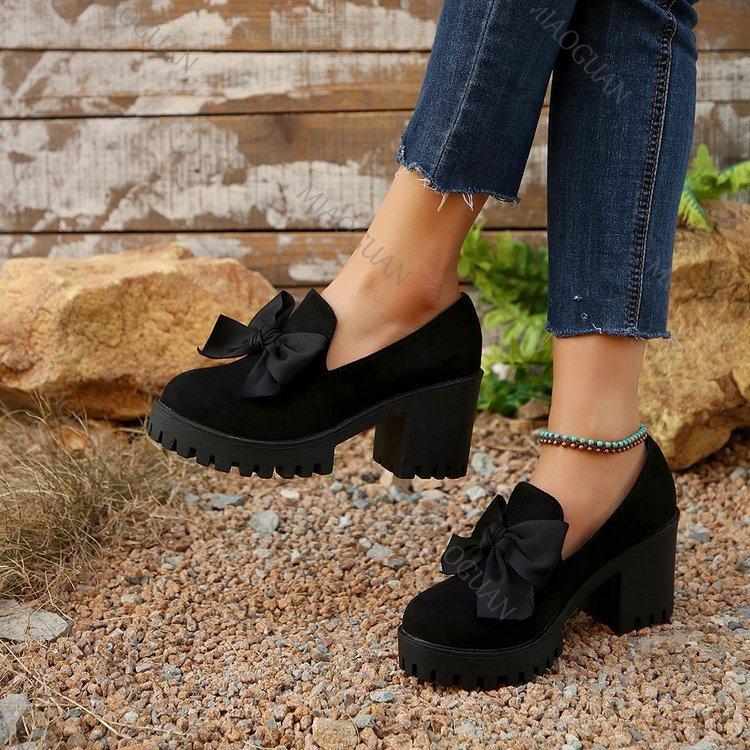 Fashion Single Shoes Women's Thick Bottomed Loafers Black Suede Bowknot Round Head Pumps Fashion Slip on Shallow Mouth High Heel  Shoes