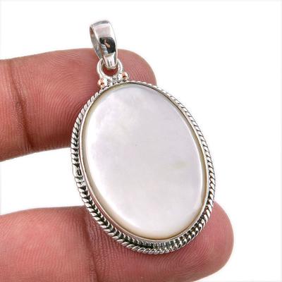 Doğal Sedef Taşı El Yapımı 925 Damga Gümüş Kolye 1.75" c8S08