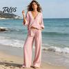 Talos Damen 2-teiliges Baumwoll-Leinen-Set, Langarm V-Ausschnitt Bluse und Weite Hosen passende Sommerurlaub Lounge Outfits