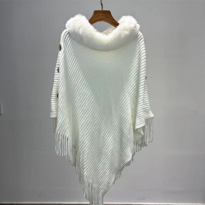 

Mid Length Fur Collar Side Button Knit Shawl Cape чёрный