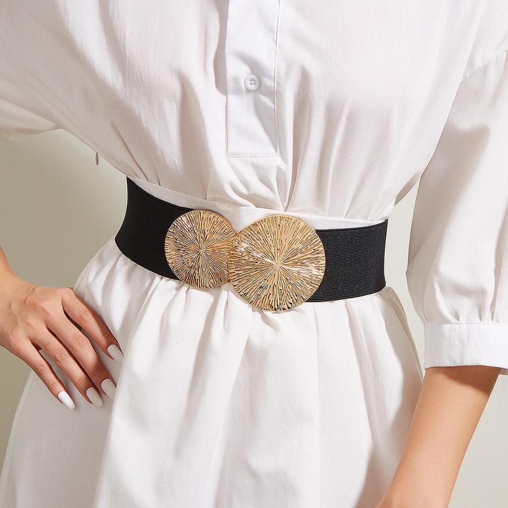 European And American Style Wide Elastic Waist Belt With Double Circle Buckle For Women