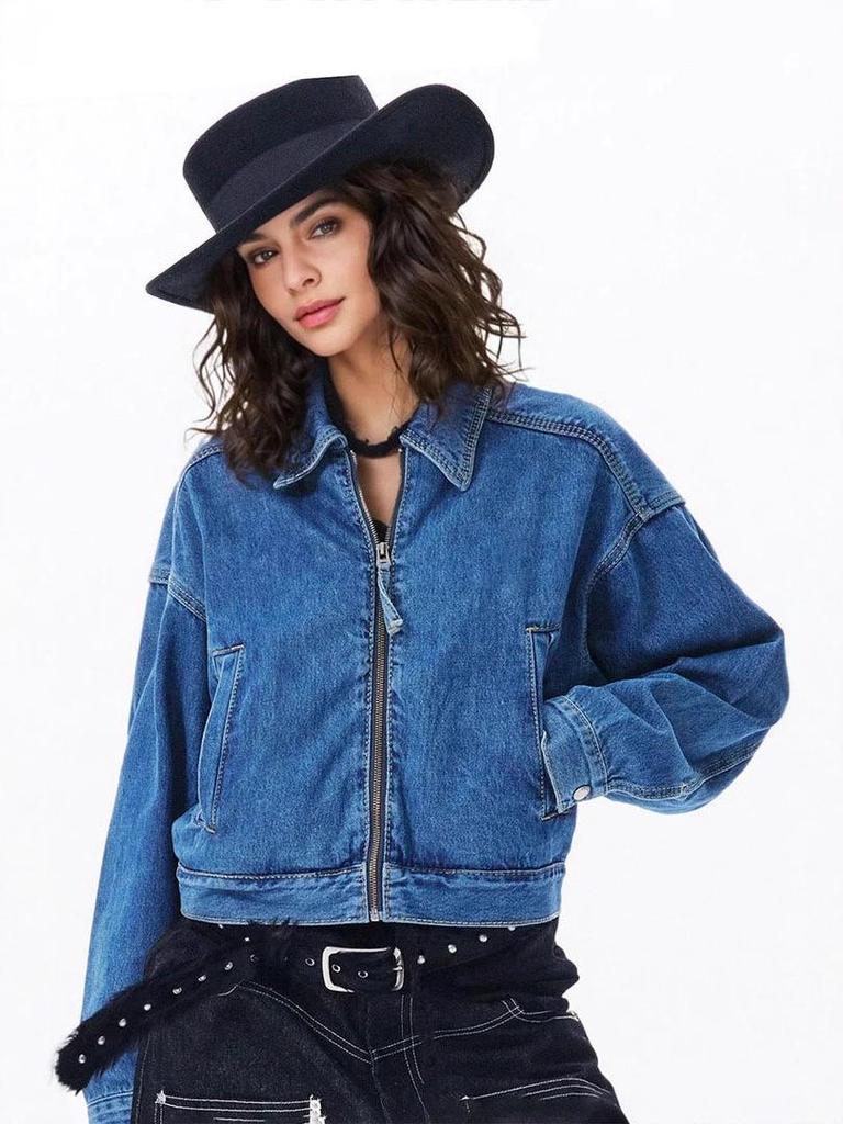 2025 Autumn Women's European & American Street Style Denim Jacket - Trendy Cotton Lapel with Long Sleeves