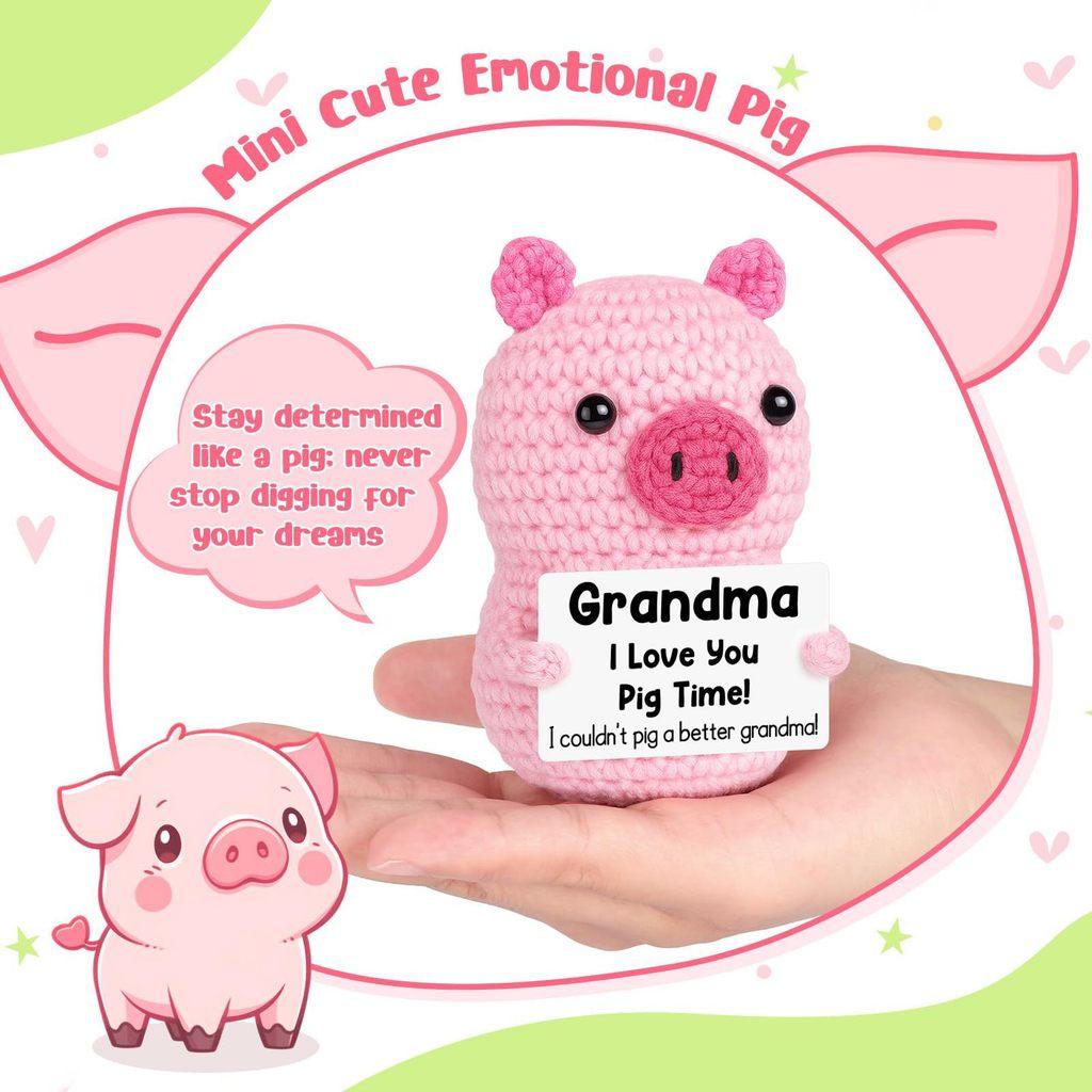Pink Cute Pig Positive Crochet Animals Doll With Card Desktop Ornament Emotional Support Handmade Knitted Cheer Up Toy