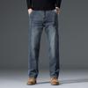 Men's Spring/Summer Cotton Straight-Leg Jeans with Fleece—Versatile, Elastic, Loose-Fit Casual Trousers.