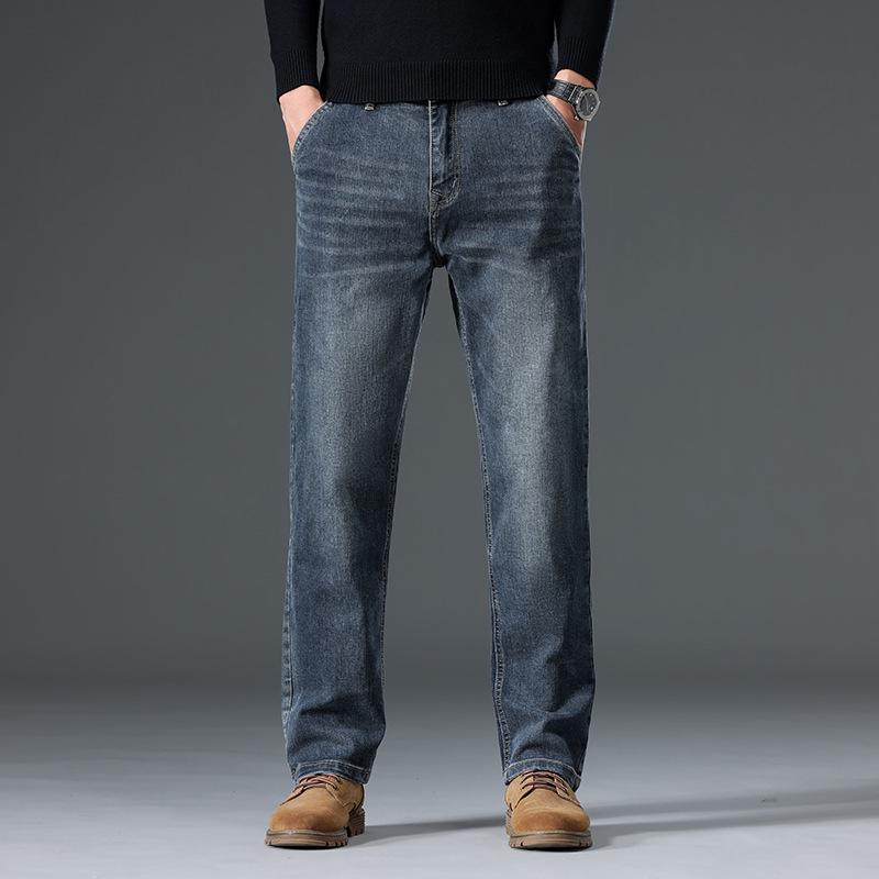 Men's Spring/Summer Cotton Straight-Leg Jeans with Fleece—Versatile, Elastic, Loose-Fit Casual Trousers.