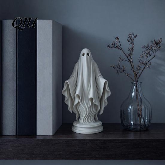 Gothic Style Home Accent Ghost Statue, Resin White Figurine, Spooky Halloween Decoration with Durable Art Flowing Robe And Base for Mantel,