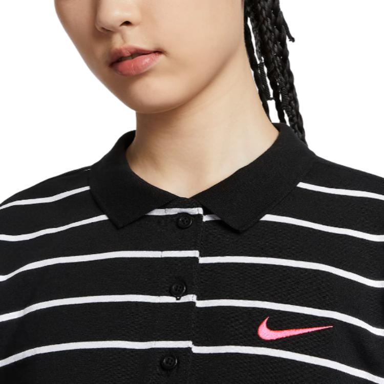 Nike Sportswear Small Logo Embroidered Color Block Striped Comfortable Casual Short Sleeve Polo Shirt Women Polo Shirts Black HM4649-010