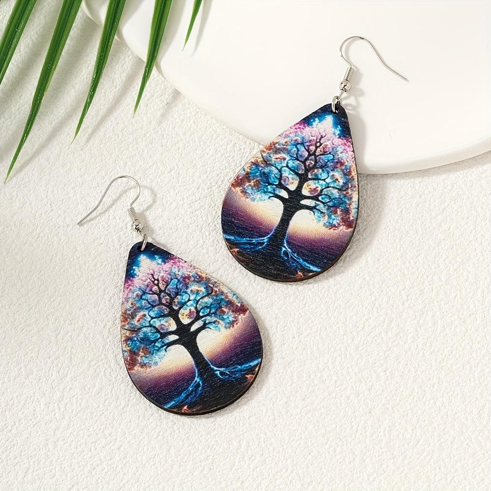 Pendientes Pintados Fashion Dream Hongo Lindo Árbol de la Vida Arco Iris Pendientes con Textura de Madera Versátiles para Damas