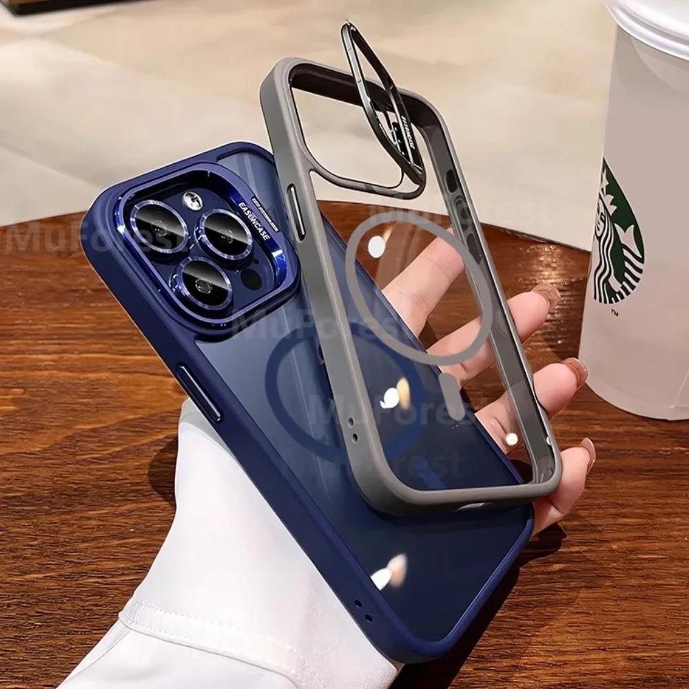 Průhledné kryty pro iPhone 16 15 14 13 12 11 Pro Max Plus Pro Magsafe Magnetický vyklápěcí kryt Stojánek Ochranný kryt objektivu z tvrzeného skla