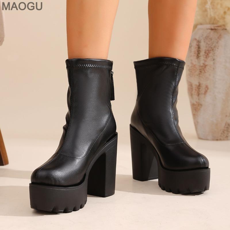 Stivaletti Corti Marroni da Donna con Suola Spessa in Pelle con Tacco Chunky per Donna Moda Primavera Autunno Botines Neri Antiscivolo
