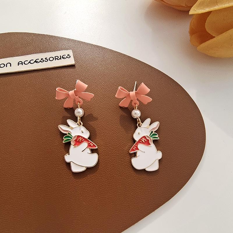 Adorable Rabbit and Carrot Stud Earrings with Bowknot Pearl Accents