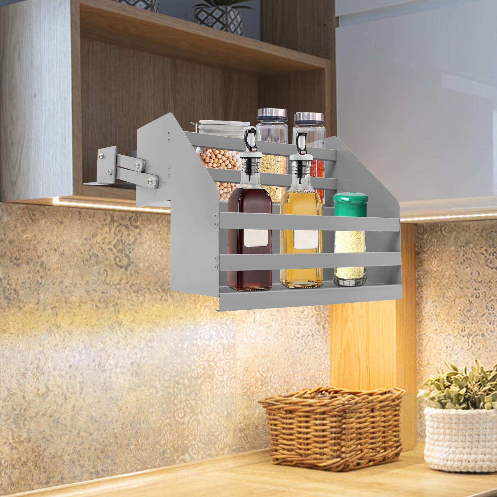 Scaffale a Scomparsa a 2 Livelli per Organizzatore Armadietto Superiore Cucina Porta Spezie in Ferro Sistema a Scomparsa Grigio
