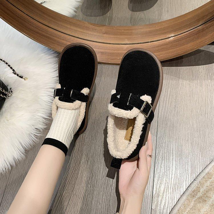 

Zhongjia 2025 зимние бархатные теплые хлопковые сапоги для снега с круглым носком, толстой подошвой, неглубоким вырезом, на одной педали, ленивые лоферы, хлопковые туфли 43 чёрный