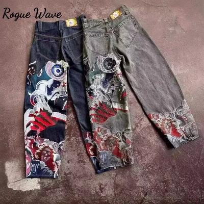 RogueWave Streetwear Jeans Y2K Harajuku Gothic Retro Hip Hop Embroidered Baggy Jeans Mens Womens New High Waist Wide Leg Trousers