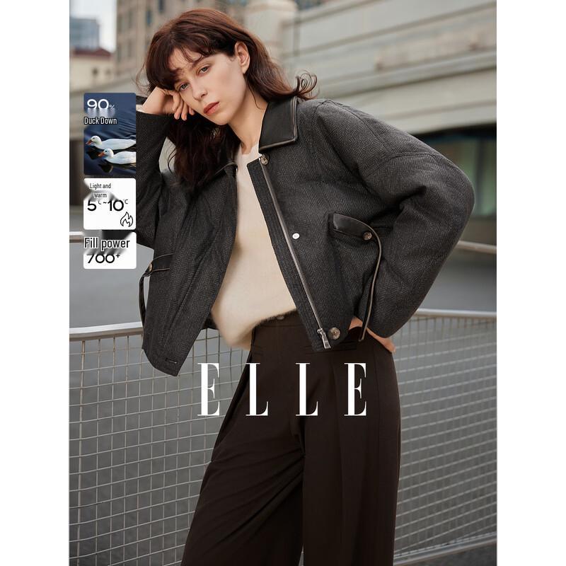 ELLE Women s Herringbone Leather Patchwork Down Jacket M