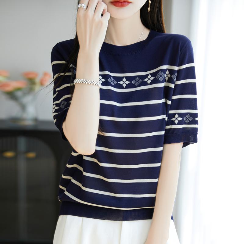 Women Knit T-shirt MODERN NEW SAGA Summer Knitted Shirt Short Sleeve Tees O-neck Patchwork Pullover Knit Tops