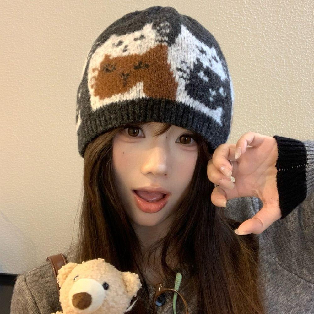 Printed Jacquard Pattern Beanies Warm Printing Knit Cap Casual Jacquard Cat Knitted Hat  Autumn