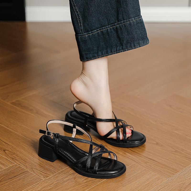 Comfortable and Not Tired, Soft-soled Thick-heeled Open-toed Sandals for Women New Summer Thin Strap Woven Mid-heeled Roman Shoes