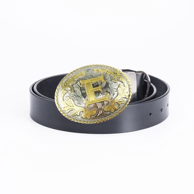 Gold and Silver Ethnic E Character Leather Belt: European & American Style, Two-Layer Cowhide Waistband