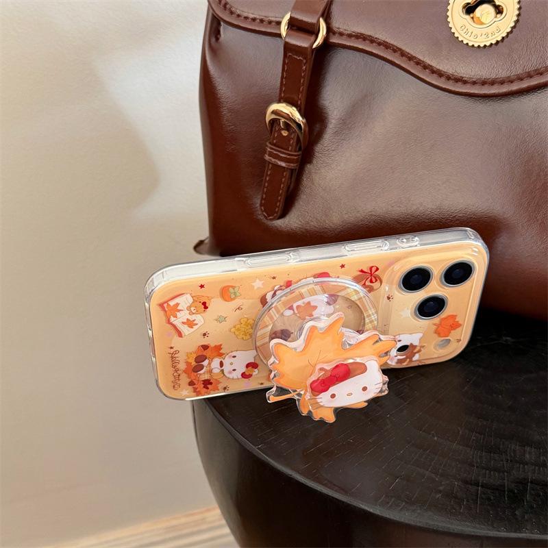 Winter Maple Leaf Magnetic Cat Phone Case for iPhone 14/15/16 Pro Max/17 - Girly Design