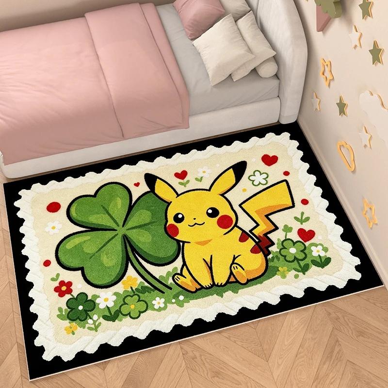 Doorway Floor Mat, Faux Cashmere, Pikachu 3D Print, Soft Water Absorbent, Lucky Clover Home Decor Rug