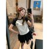 Bow splicing contrasting color short-sleeved t-shirt women's summer spice girl slim-fitting beautiful fashion temperament short top