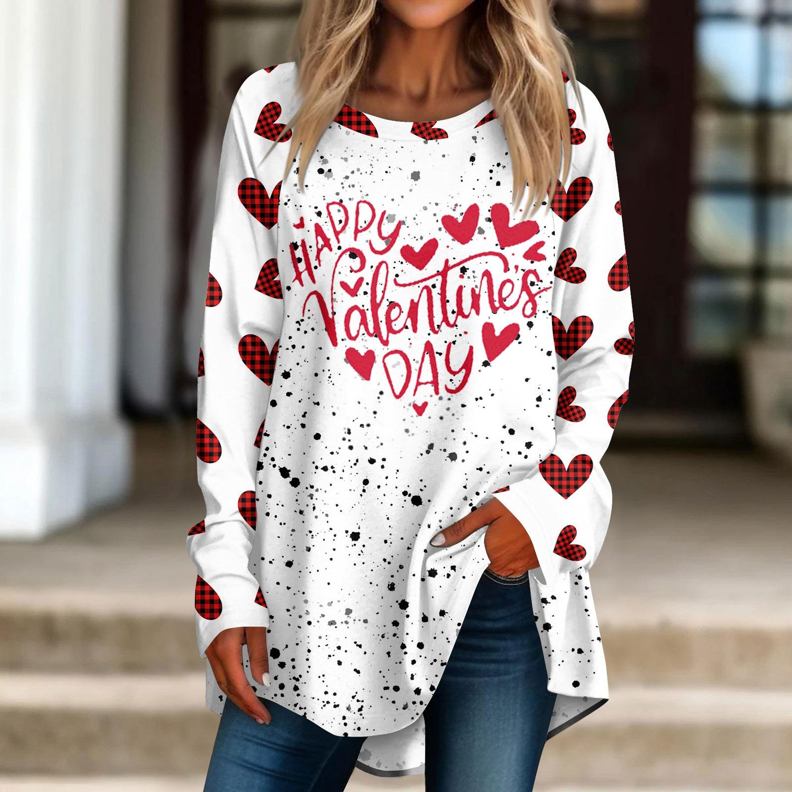 

Жіноча повсякденна футболка великих розмірів з довгими рукавами та круглим вирізом на День Святого Валентина, верхній пуловер з принтом S